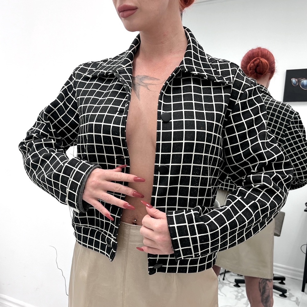 Women Black & White Checked Vintage Blazer